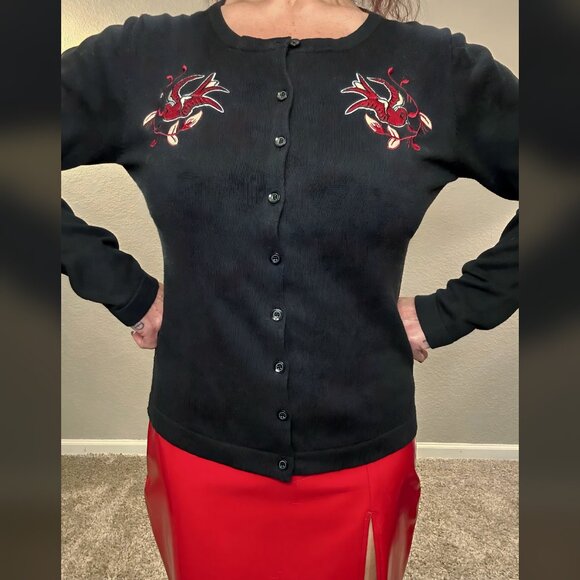 Sourpuss Red Swallows Black Cardigan Tattoo Art Punk Rockabilly Metal XXL - Picture 1 of 9